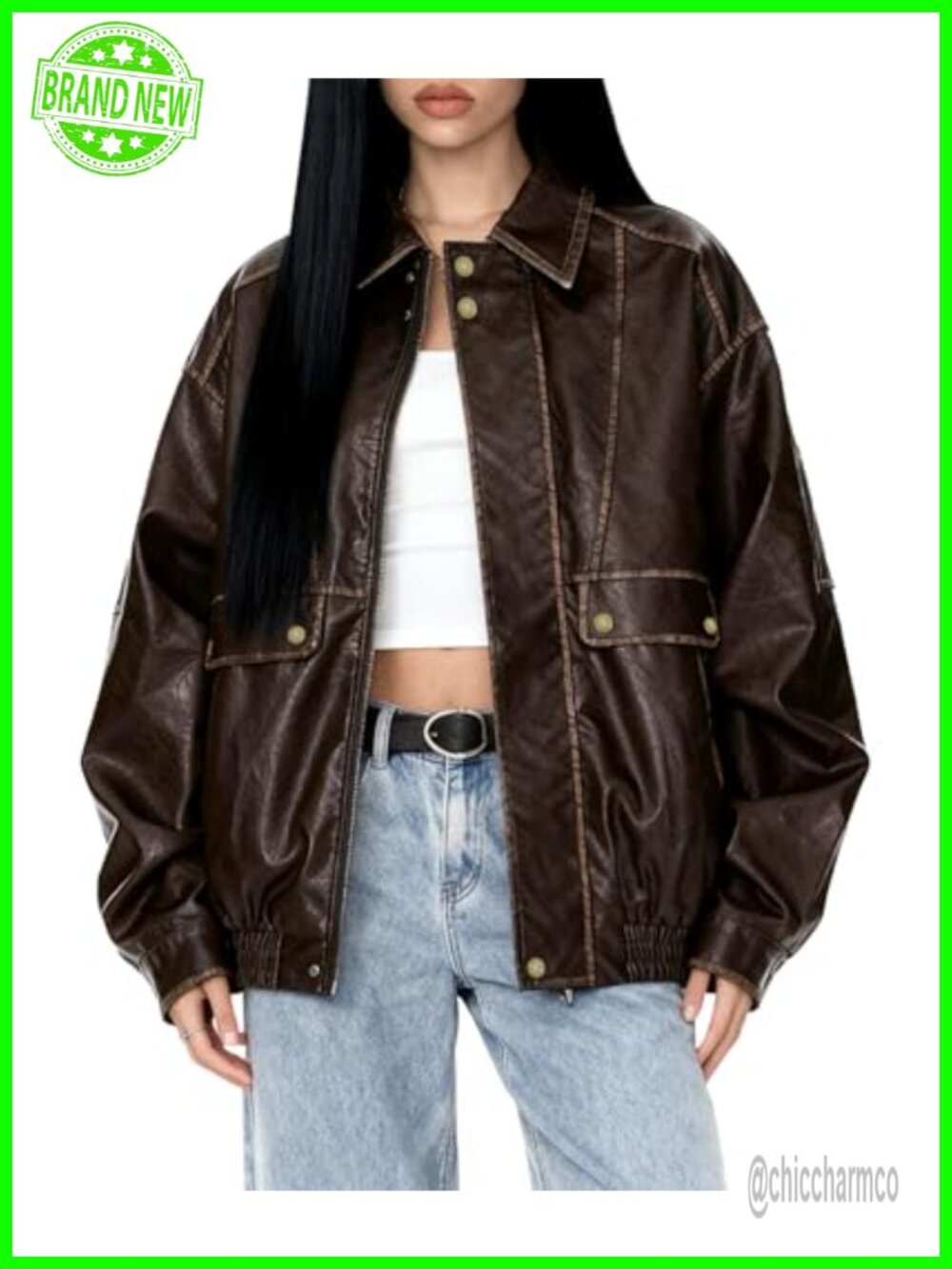 Oversized Faux Leather Moto Jacket Y2K Vintage Zip Bomber